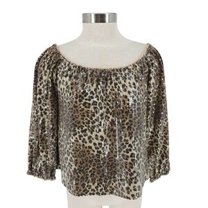 FATE Blouse Sequin Leopard 3/4 Sleeve Lined Top Shirt Medium